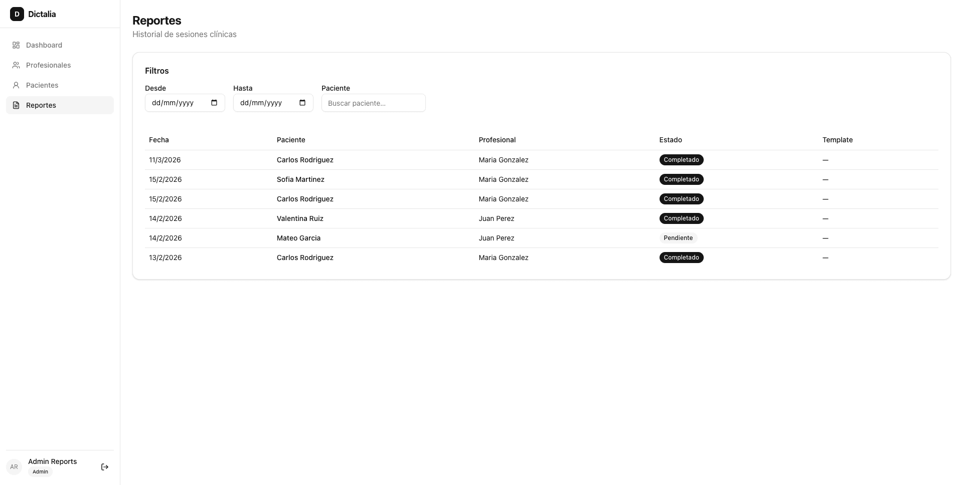 Vista de reportes en Dictalia